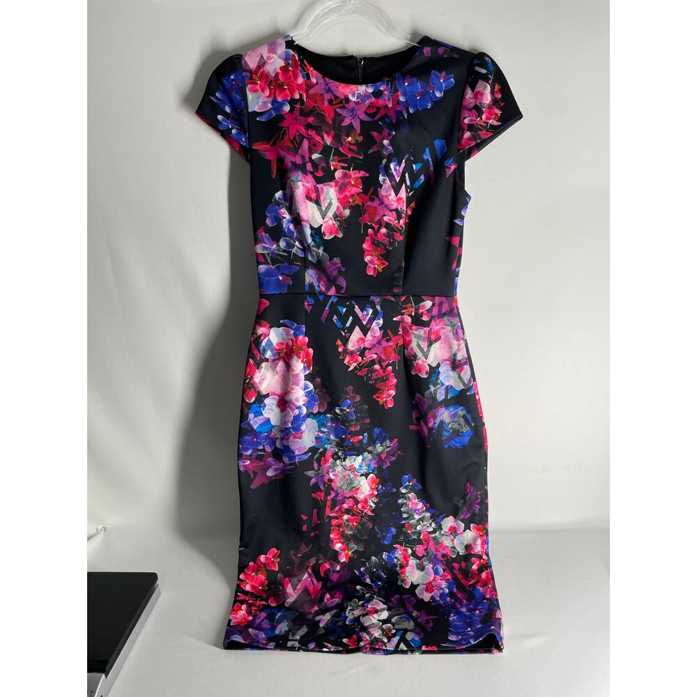 Betsey Johnson Black Pixel Floral Cocktail Dress Short Sleeve Pencil Dress 2